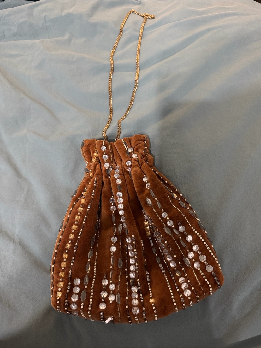 Embellished Brown Velvet Drawstring Bag with Gold Chain, Attachable Top Handle